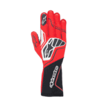 Red and black Alpinestars racing glove with protective padding and grip features, designed for motorsport safety and performance.