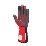 Red and black racing glove from Grand Prix Racewear with protective padding and grip details for motorsport safety.