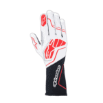 Alpinestars racing glove designed for motorsport, featuring white, red, and black colours with branding and protective padding.