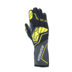 Black and yellow racing glove from Grand Prix Racewear with protective padding and grip features.