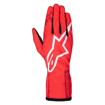 Red racing glove with white star logo and black accents, designed for motorsport safety and performance.