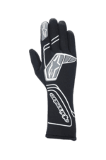 Black racing glove with white and grey accents from Grand Prix Racewear, designed for motorsport enthusiasts and professional drivers.