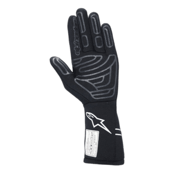 Black racing glove with grey and white accents, designed for motorsport safety and performance, featuring the Alpinestars logo.