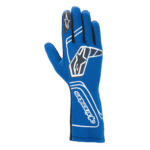 Blue racing glove with white and black branding, designed for motorsport safety and performance.