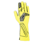 Yellow racing glove from Grand Prix Racewear with black and white branding details, designed for motorsport safety and performance.