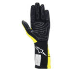 Black and yellow Grand Prix Racewear racing glove with protective padding and grip details for motorsport drivers.