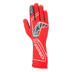 Red Alpinestars racing glove with black and white accents, designed for motorsport safety and performance.