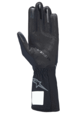 Close-up of a black racing glove from Grand Prix Racewear, designed for motorsport safety and performance.