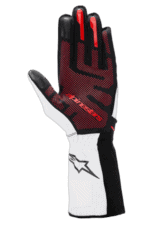 High-performance racing glove from Grand Prix Racewear in black, red, and white with breathable mesh and protective padding for motorsport enthusiasts.