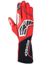 Red and black Alpinestars GP Racewear racing glove with protective padding and branding for motorsport enthusiasts.