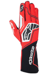 Red and black Alpinestars GP Racewear racing glove with protective padding and branding for motorsport enthusiasts.
