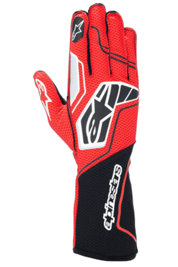 Red and black Alpinestars GP Racewear racing glove with protective padding and branding for motorsport enthusiasts.