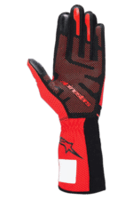 Red and black Grand Prix racing glove with grip details, designed for motorsport safety and performance.