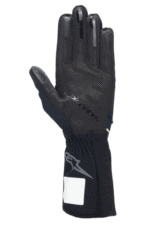 Close-up of a black racing glove from Grand Prix Racewear, designed for motorsport safety and performance.