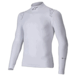 White Grand Prix Racewear racing top with Alpinestars logo, designed for motorsport drivers, featuring lightweight, breathable fabric and a high collar for safety.