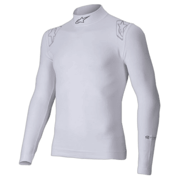 White Grand Prix Racewear racing top with Alpinestars logo, designed for motorsport drivers, featuring lightweight, breathable fabric and a high collar for safety.