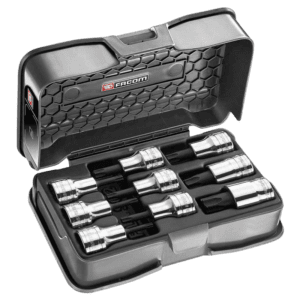 Facom 1/2' Bit Socket Set Torx Tx20-60 in a black plastic case with chrome sockets.