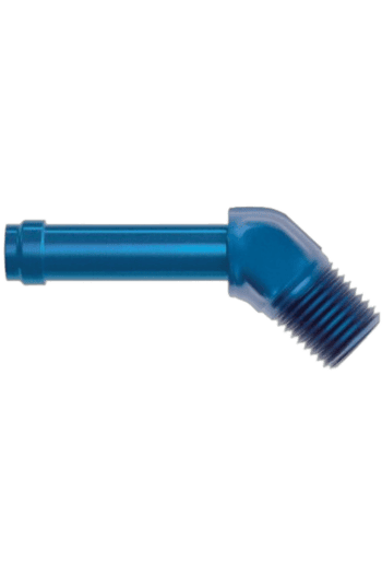 Blue 45° 1/8 NPT to push fit connector for racing and industrial applications.