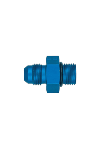 Blue Goodridge -04 JIC Male to 7/16 O'ring pump fitting for racing applications.