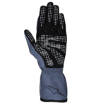 Black and grey racing glove with white grip dots, designed for motorsport safety and performance.