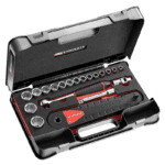 Grand Prix Racewear socket set in a black and red case with various sockets and tools for professional use.