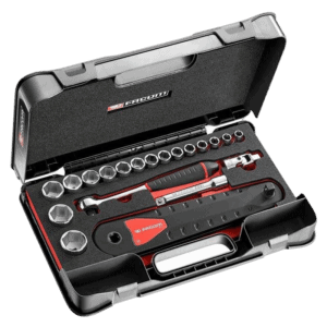 Grand Prix Racewear socket set in a black and red case with various sockets and tools for professional use.