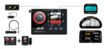 High-tech racing telemetry and camera equipment for Grand Prix racewear, including digital displays, sensors, and recording devices for motorsport performance analysis.