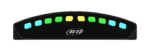A black AIM racing dashboard display with illuminated blue, green, and yellow indicator lights for motorsport timing and telemetry.