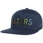 Blue baseball cap with multicoloured embroidered 'STARS' logo, featuring a flat brim and adjustable strap, ideal for motorsport fans and racewear enthusiasts.