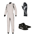 Alpinestars racing suit, gloves, and shoes for motorsport safety and performance.