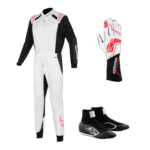 Alpinestars karting racing suit, gloves, and shoes for professional motorsport performance.
