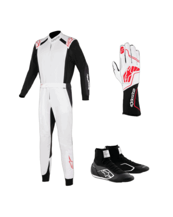 Alpinestars karting racing suit, gloves, and shoes for professional motorsport performance.