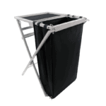 Portable laundry hamper with a collapsible frame and black fabric bag, ideal for racewear storage and transport.