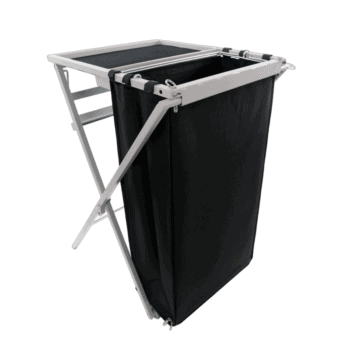 Portable laundry hamper with a collapsible frame and black fabric bag, ideal for racewear storage and transport.