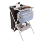 Race car mechanic's tool trolley with tools, paper towels, and storage compartments for motorsport maintenance.