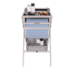 Garage tool trolley with various tools and supplies for racewear maintenance and repair, featuring a metal frame and multiple shelves.