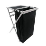Portable laundry or storage trolley with a collapsible frame and black fabric bag, ideal for race events or garages.
