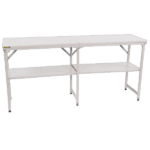 Stainless steel workbench with two shelves, ideal for industrial or workshop use, featuring a durable and sturdy design.