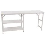 White racing equipment table with shelves, ideal for Grand Prix racewear storage and organisation.