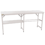 White racing table with two shelves, ideal for motorsport events and racewear displays at Grand Prix events.