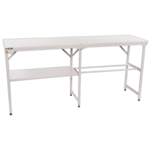 White racing table with two shelves, ideal for motorsport events and racewear displays at Grand Prix events.