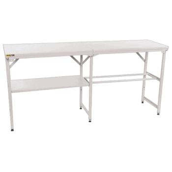 White racing table with two shelves, ideal for motorsport events and racewear displays at Grand Prix events.