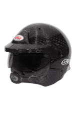 Black Bell racing helmet with carbon fibre finish and visor, designed for motorsport safety and performance.