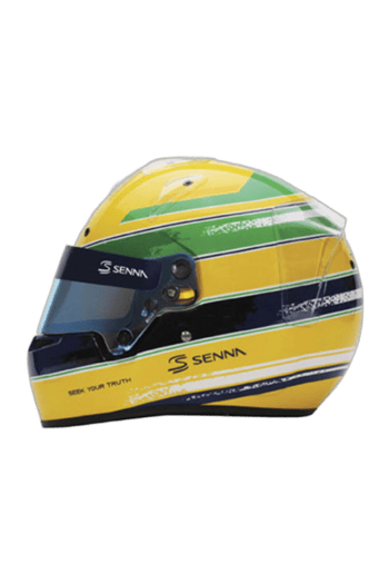 Yellow, green, and black racing helmet with Senna branding, designed for motorsport safety and performance.