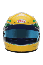 Grand Prix racing helmet with yellow, green, and blue colours, featuring Bell and SEM logos, designed for motorsport safety and performance.