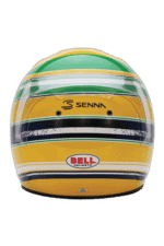 Grand Prix Racewear helmet with green, yellow, white, and black stripes, featuring Senn and Bell logos, designed for motorsport safety and performance.