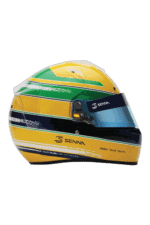 Yellow and green Grand Prix racing helmet with a tinted visor, designed for motorsport safety and performance.