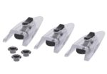 Three clear plastic racing helmet visors with black locking mechanisms and three small rubber seals for secure fitment.