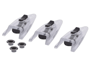 Three clear plastic racing helmet visors with black locking mechanisms and three small rubber seals for secure fitment.