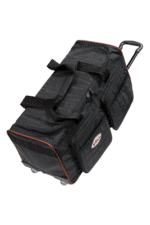 Black Grand Prix Racewear wheeled duffle bag with multiple compartments and red accents, ideal for motorsport enthusiasts.